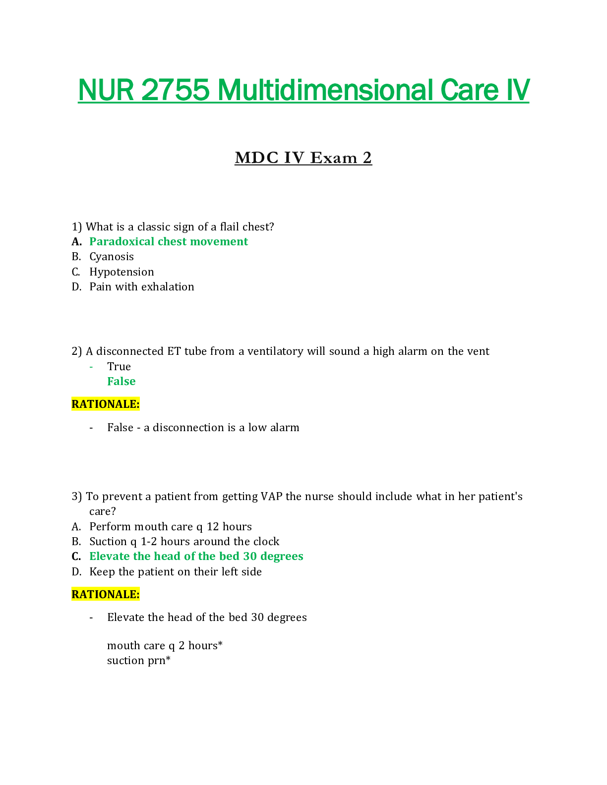 Preview image for NUR2755 / NUR 2755 Exam 2 Updated: Multidimensional Care IV / MDC 4 - Rasmussen